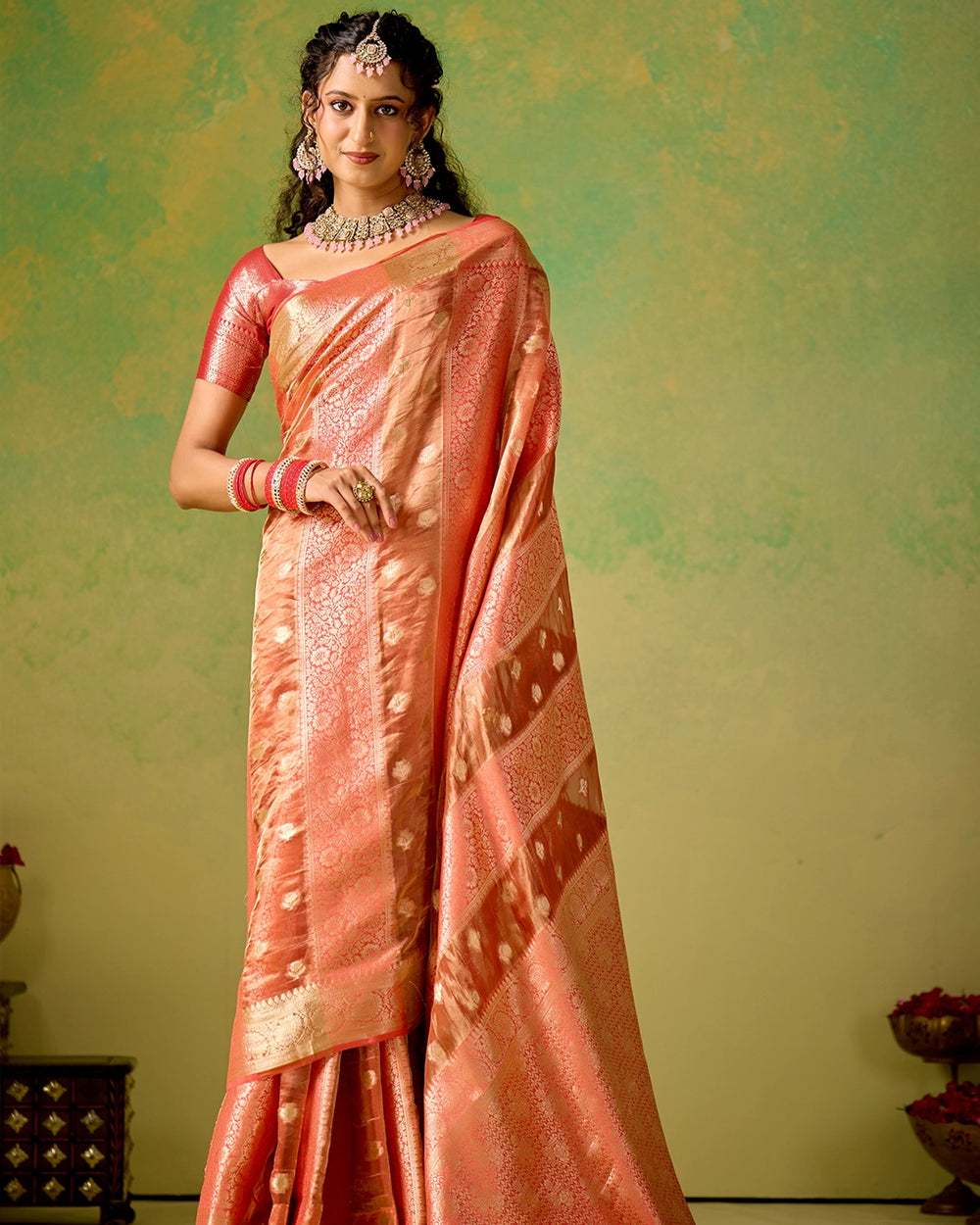 Coral Pink Banarasi and Tissue Saree with Timeless Butidar Stripe Weaves