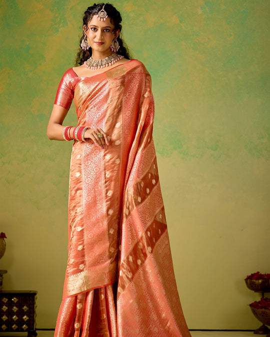 Coral Pink Banarasi and Tissue Saree with Timeless Butidar Stripe Weaves
