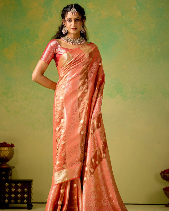 Coral Pink Banarasi and Tissue Saree with Timeless Butidar Stripe Weaves
