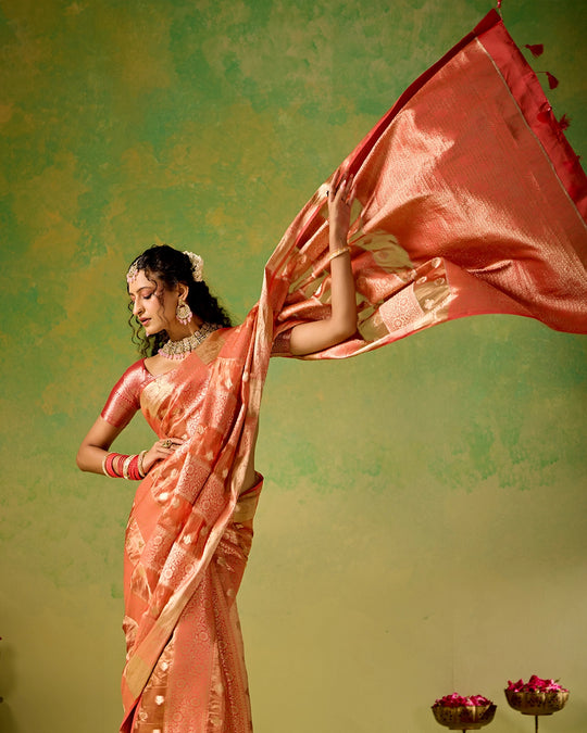 Coral Pink Banarasi and Tissue Saree with Timeless Butidar Stripe Weaves