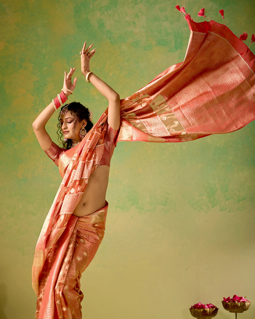 Coral Pink Banarasi and Tissue Saree with Timeless Butidar Stripe Weaves