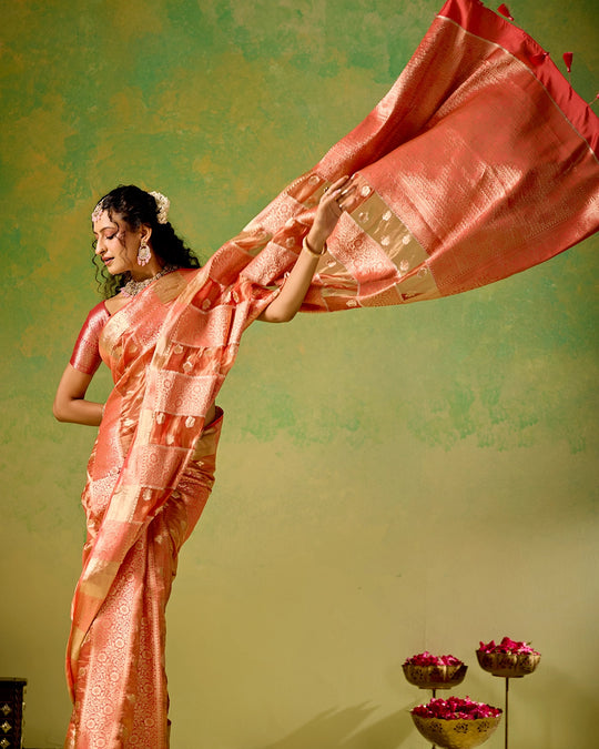 Coral Pink Banarasi and Tissue Saree with Timeless Butidar Stripe Weaves