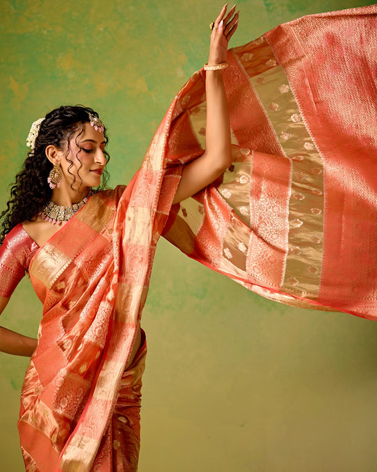 Coral Pink Banarasi and Tissue Saree with Timeless Butidar Stripe Weaves