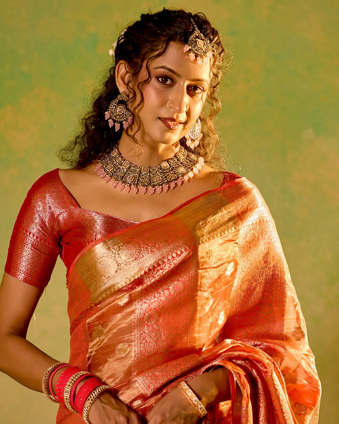 Coral Pink Banarasi and Tissue Saree with Timeless Butidar Stripe Weaves