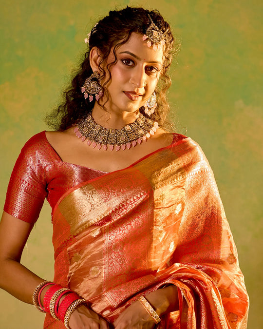 Coral Pink Banarasi and Tissue Saree with Timeless Butidar Stripe Weaves