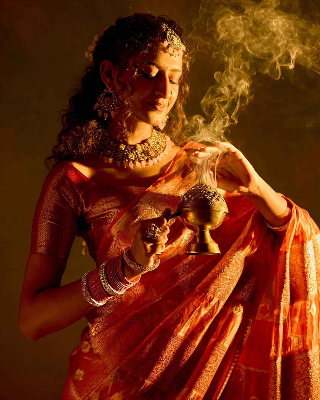 Coral Pink Banarasi and Tissue Saree with Timeless Butidar Stripe Weaves