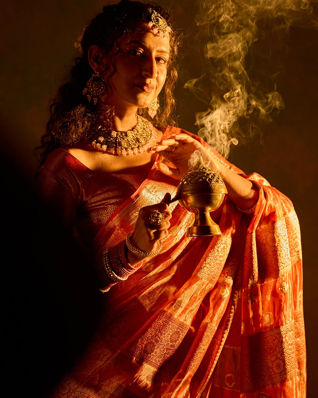 Coral Pink Banarasi and Tissue Saree with Timeless Butidar Stripe Weaves