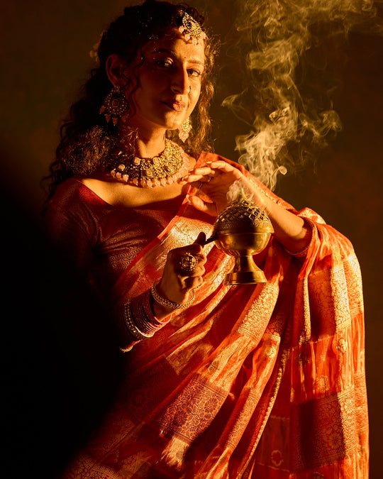 Coral Pink Banarasi and Tissue Saree with Timeless Butidar Stripe Weaves