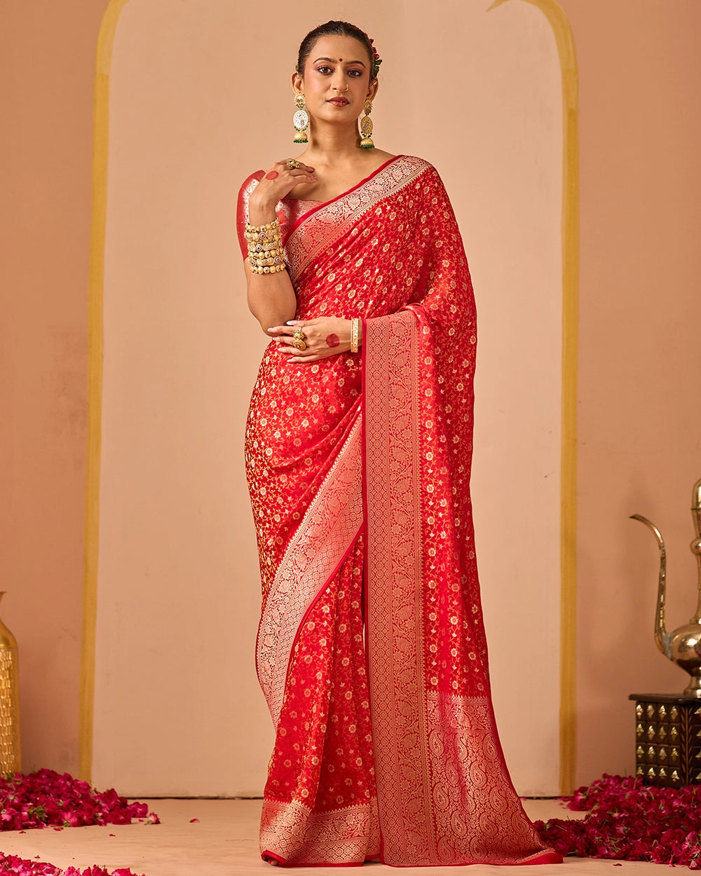 Red Banarasi Saree with Floral Jangla Tanchoi Weaves