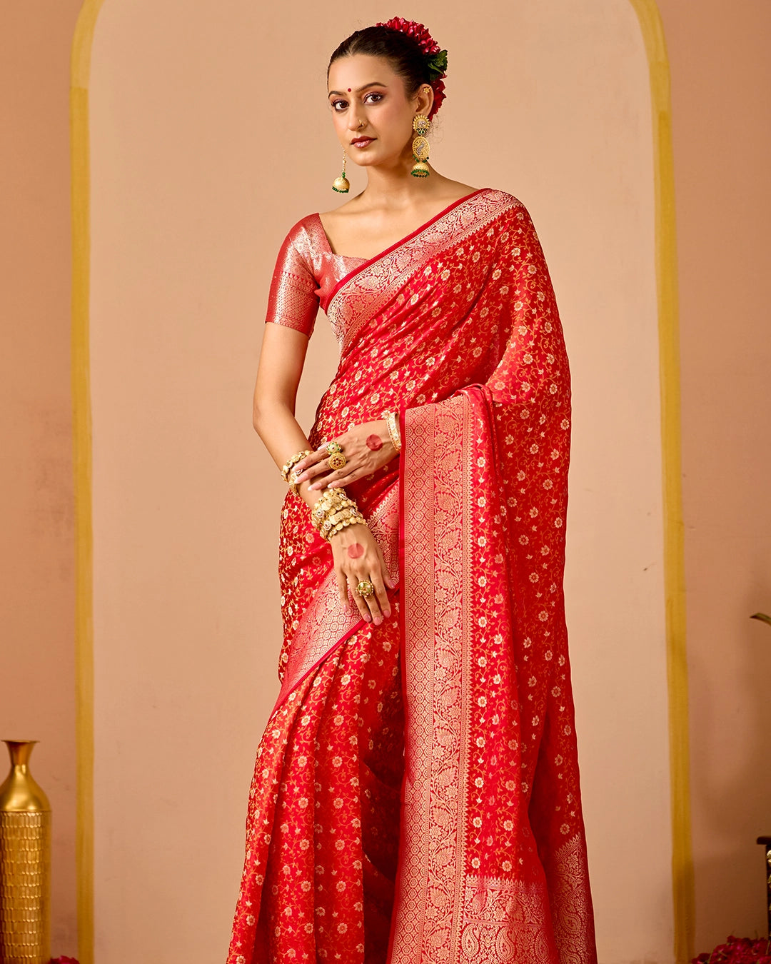 Red Pure Banarasi Saree with Floral Jangla Tanchoi Weaves