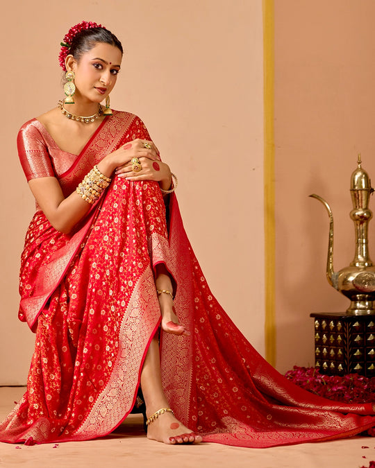 Red Pure Banarasi Saree with Floral Jangla Tanchoi Weaves