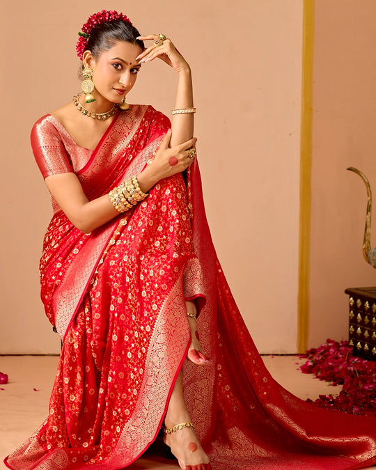 Red Pure Banarasi Saree with Floral Jangla Tanchoi Weaves