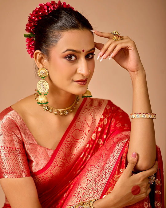 Red Pure Banarasi Saree with Floral Jangla Tanchoi Weaves