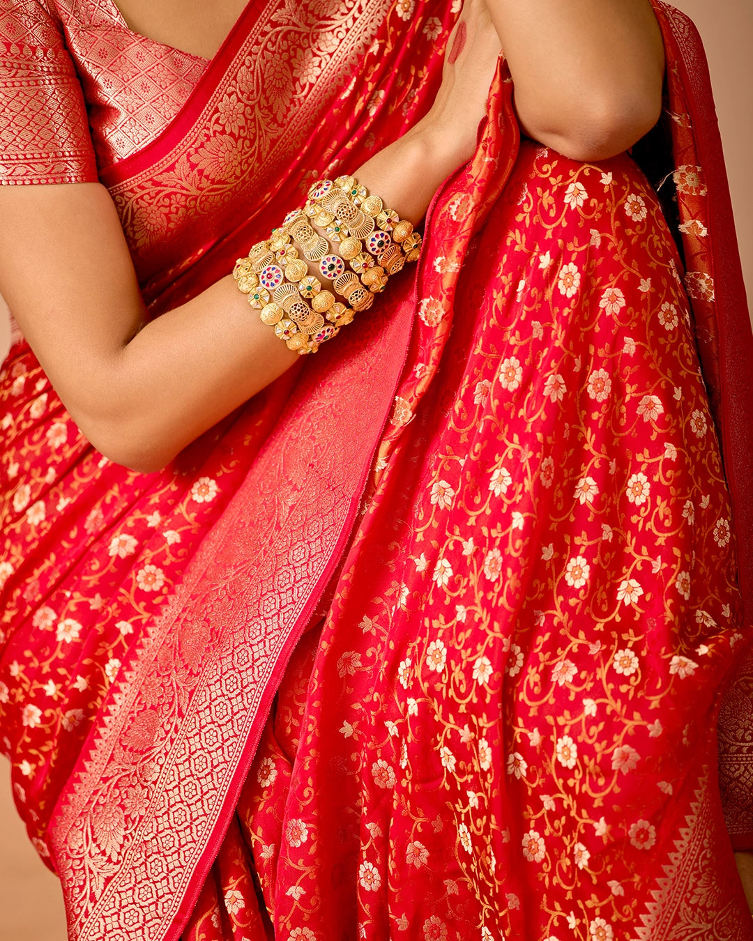 Red Pure Banarasi Saree with Floral Jangla Tanchoi Weaves