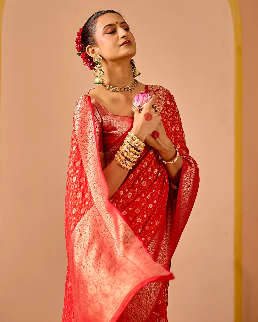 Red Pure Banarasi Saree with Floral Jangla Tanchoi Weaves