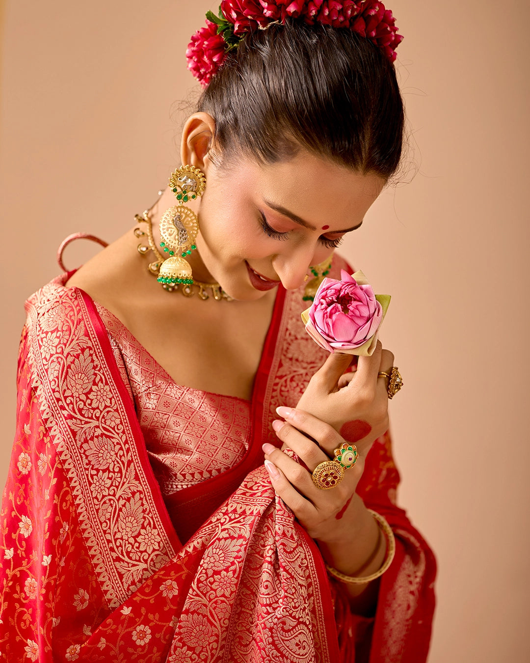 Red Pure Banarasi Saree with Floral Jangla Tanchoi Weaves