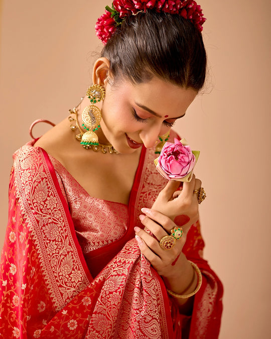 Red Pure Banarasi Saree with Floral Jangla Tanchoi Weaves