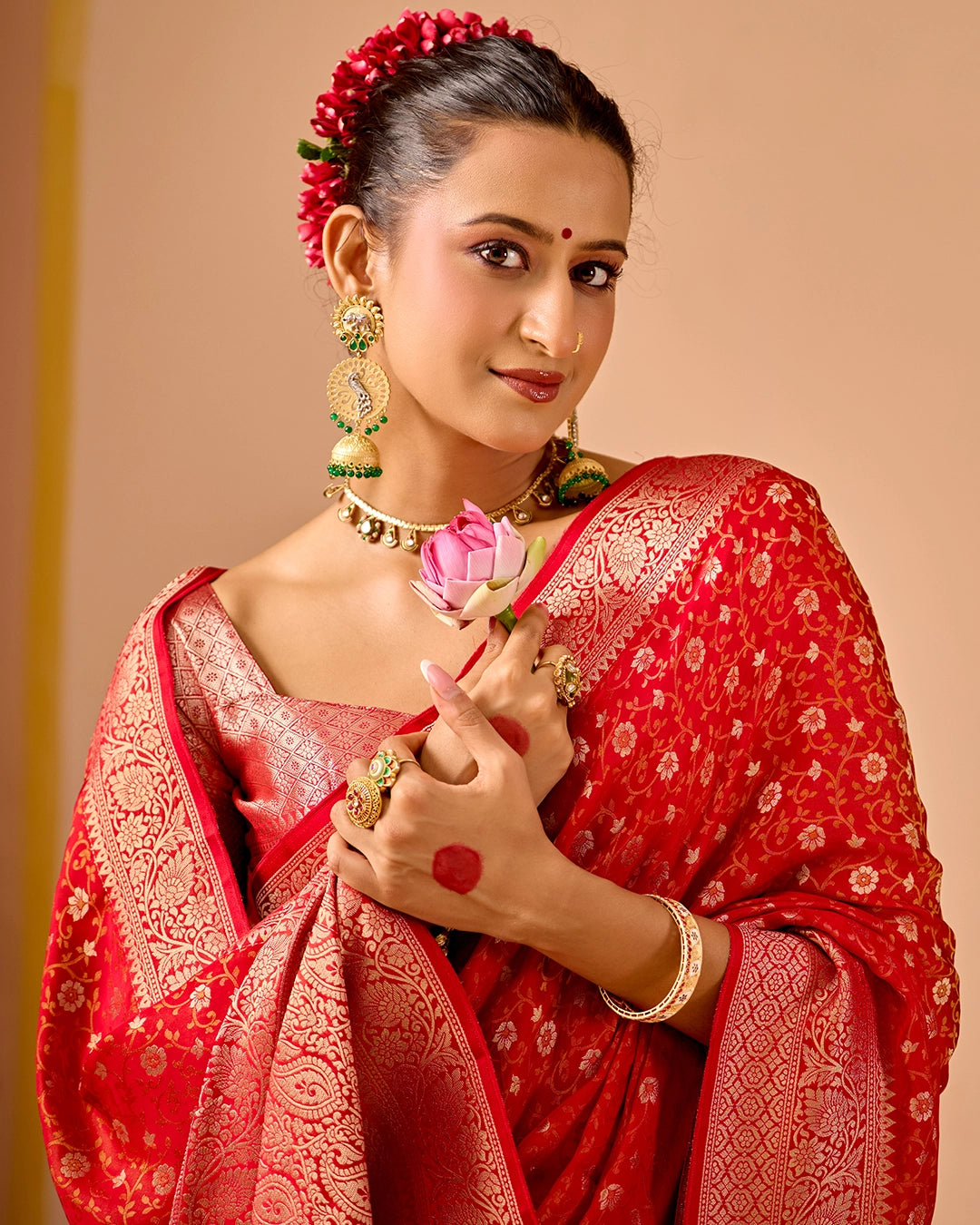 Red Pure Banarasi Saree with Floral Jangla Tanchoi Weaves