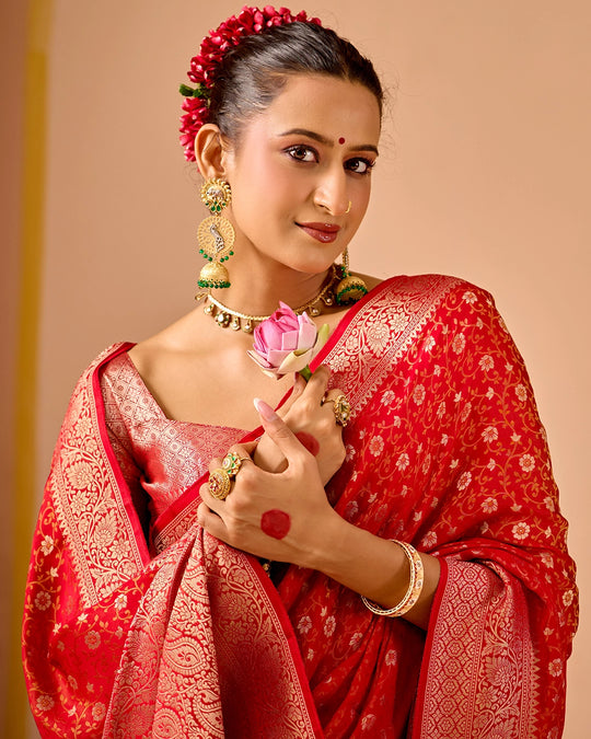 Red Pure Banarasi Saree with Floral Jangla Tanchoi Weaves