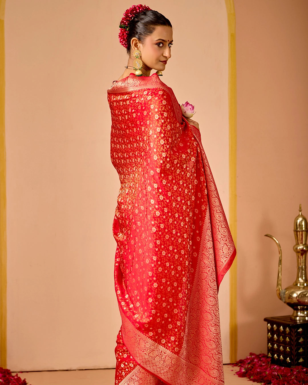 Red Pure Banarasi Saree with Floral Jangla Tanchoi Weaves