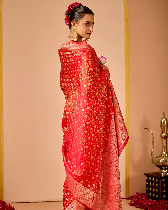 Red Pure Banarasi Saree with Floral Jangla Tanchoi Weaves
