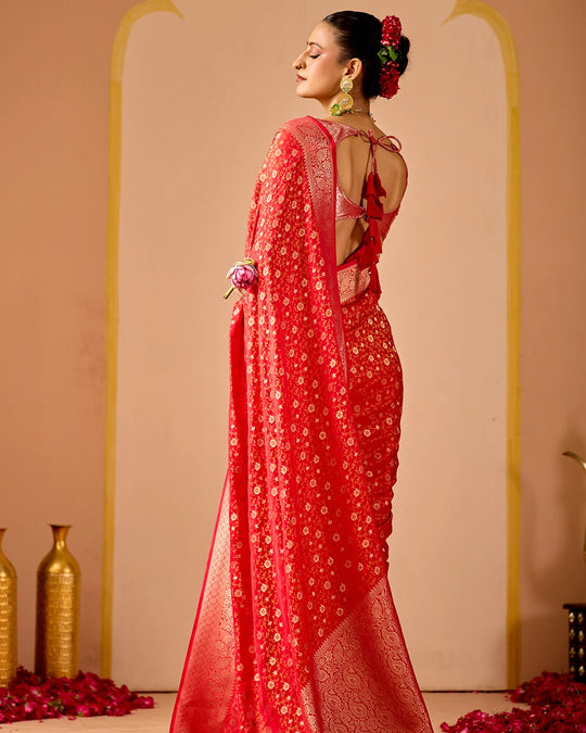 Red Pure Banarasi Saree with Floral Jangla Tanchoi Weaves