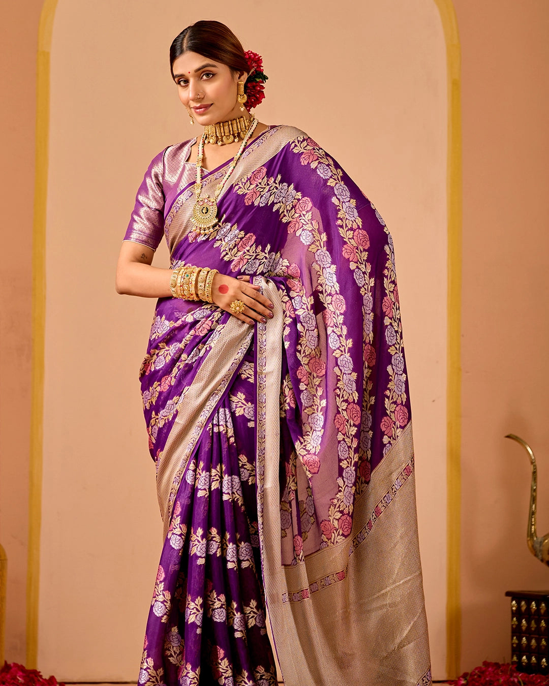 Purple Chiffon Saree with Ornate Garden Weaves