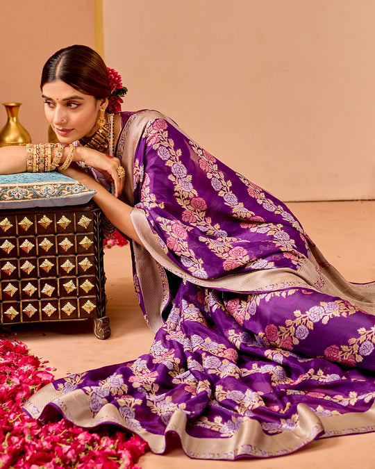 Purple Chiffon Saree with Ornate Garden Weaves