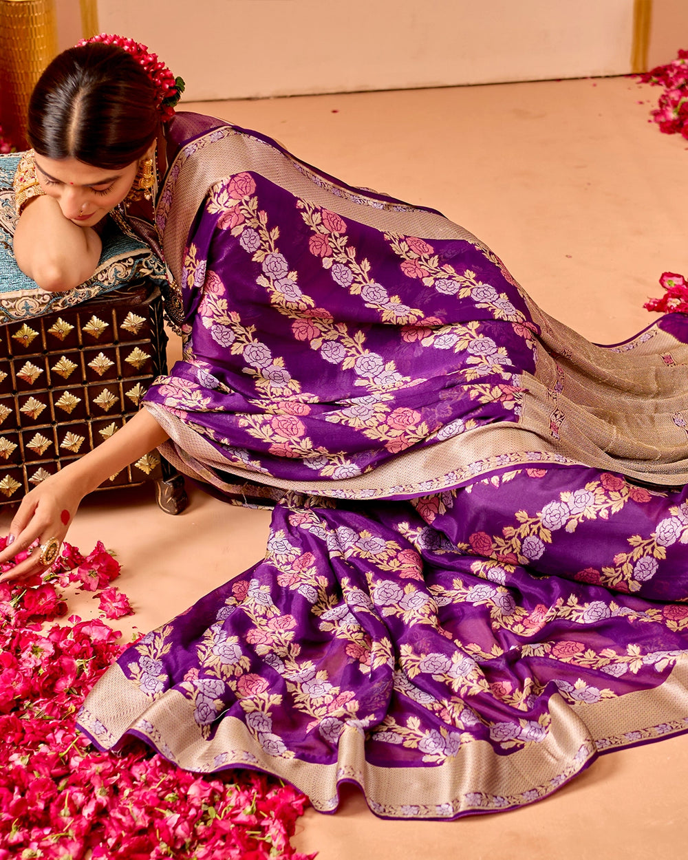 Purple Chiffon Saree with Ornate Garden Weaves