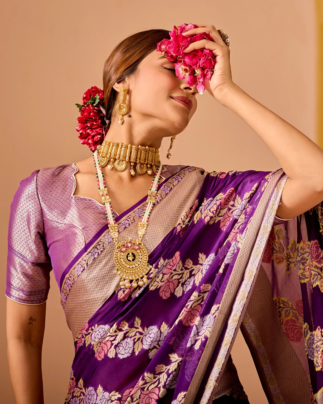 Purple Chiffon Saree with Ornate Garden Weaves
