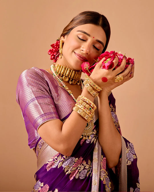 Purple Chiffon Saree with Ornate Garden Weaves