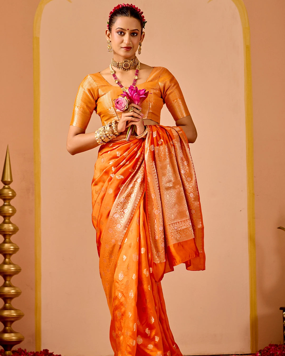 Orange Banarasi Saree with Delicate Floral Butta Weaves