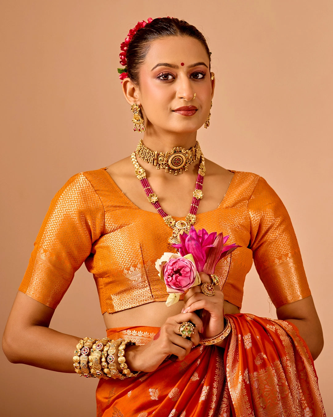 Orange Banarasi Saree with Delicate Floral Butta Weaves