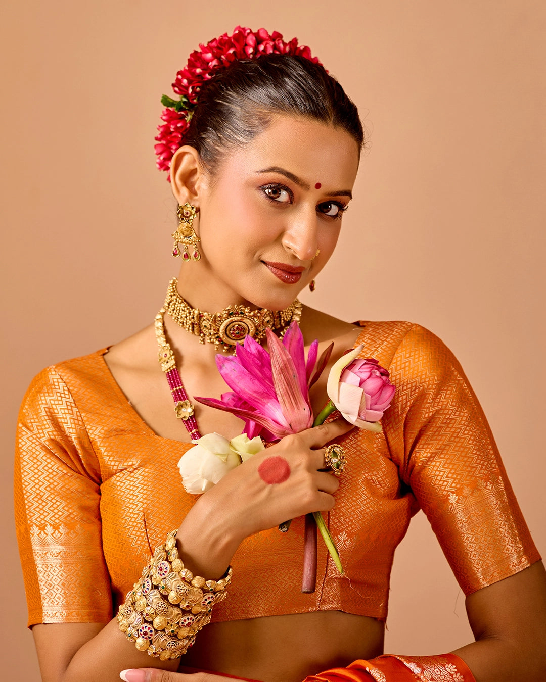 Orange Banarasi Saree with Delicate Floral Butta Weaves
