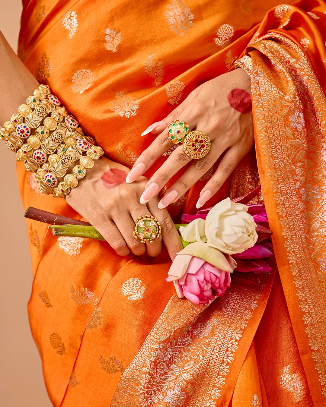 Orange Banarasi Saree with Delicate Floral Butta Weaves