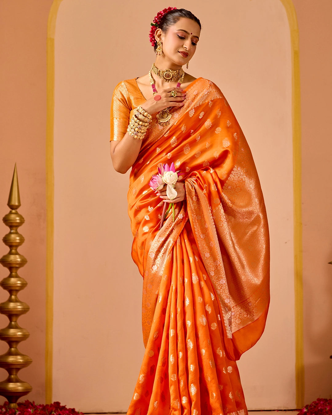 Orange Banarasi Saree with Delicate Floral Butta Weaves