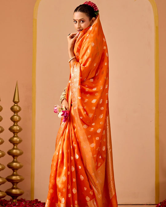 Orange Banarasi Saree with Delicate Floral Butta Weaves