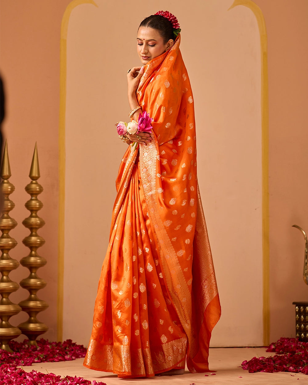 Orange Banarasi Saree with Delicate Floral Butta Weaves