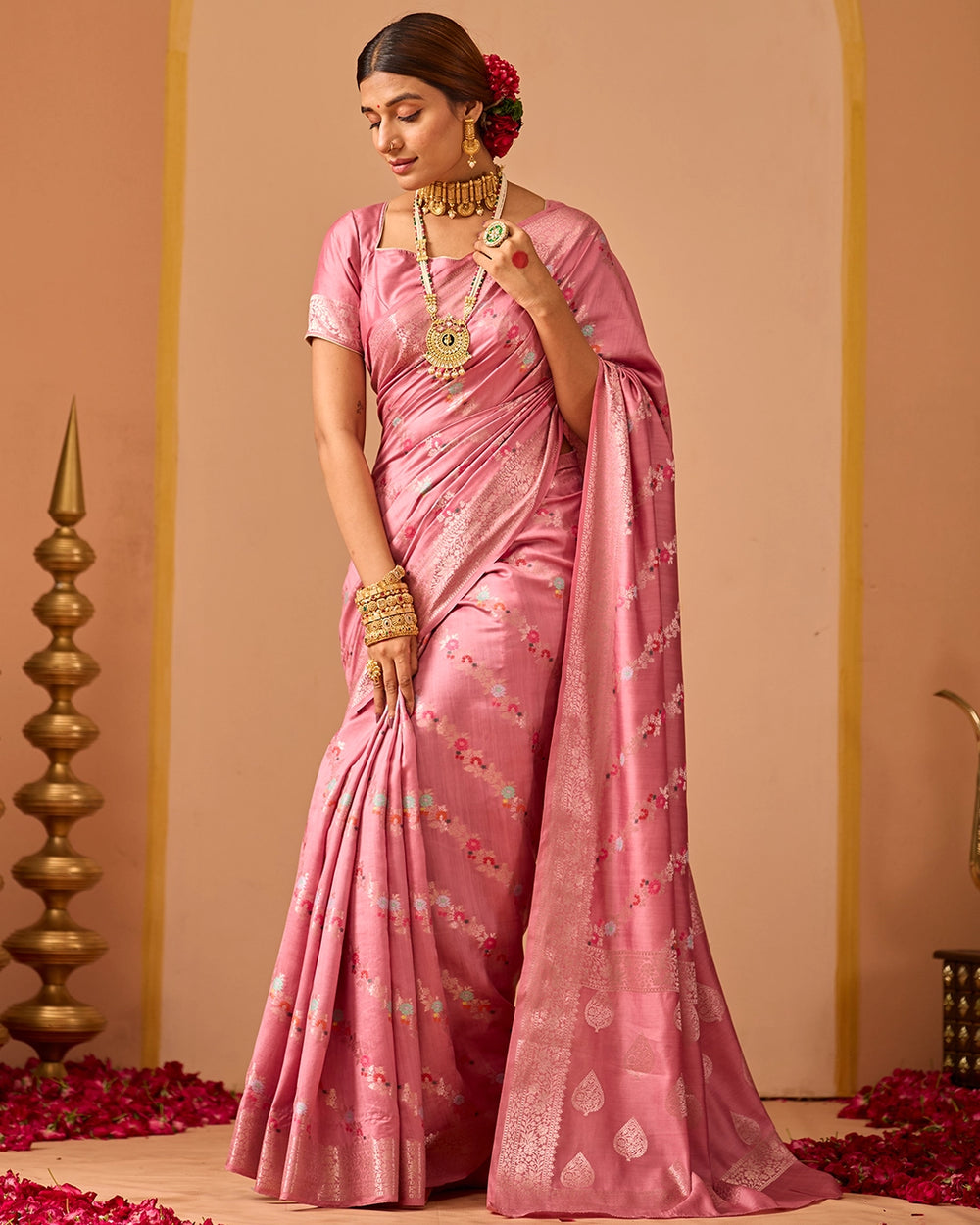 Pink Banarasi Saree with Stripe Floral Meenakari Weaves
