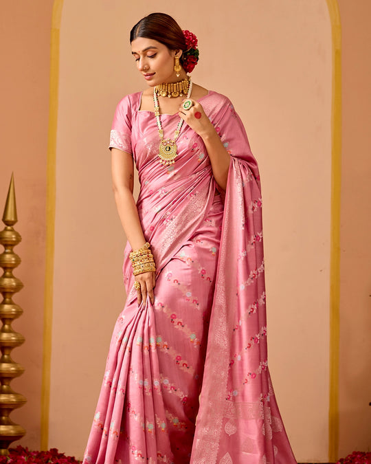 Pink Banarasi Saree with Stripe Floral Meenakari Weaves