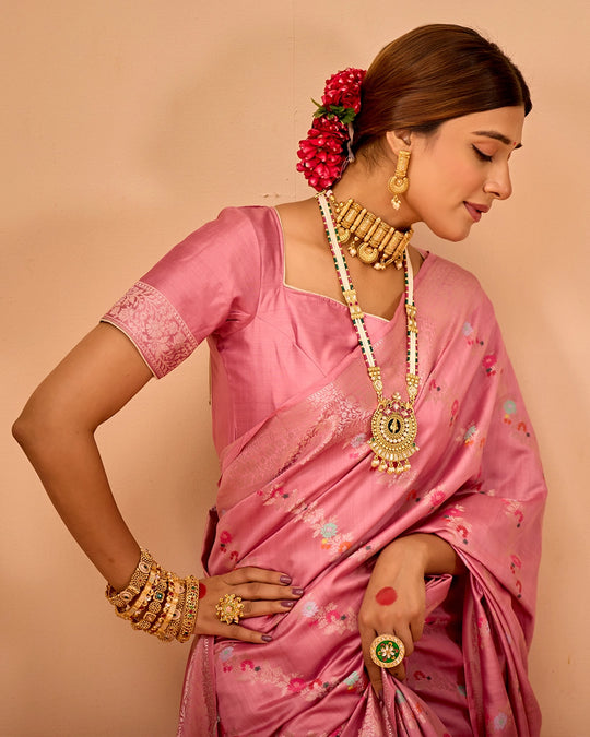 Pink Banarasi Saree with Stripe Floral Meenakari Weaves