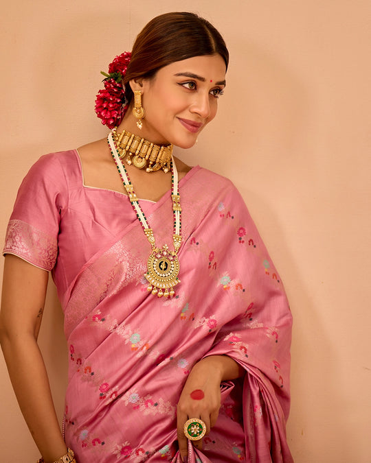 Pink Banarasi Saree with Stripe Floral Meenakari Weaves