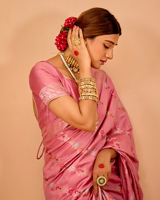 Pink Banarasi Saree with Stripe Floral Meenakari Weaves