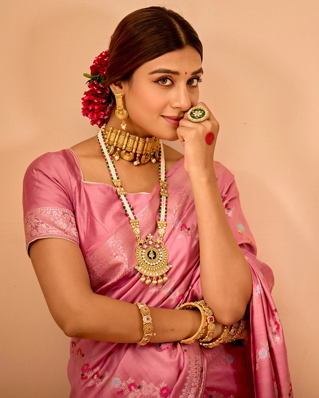 Pink Banarasi Saree with Stripe Floral Meenakari Weaves