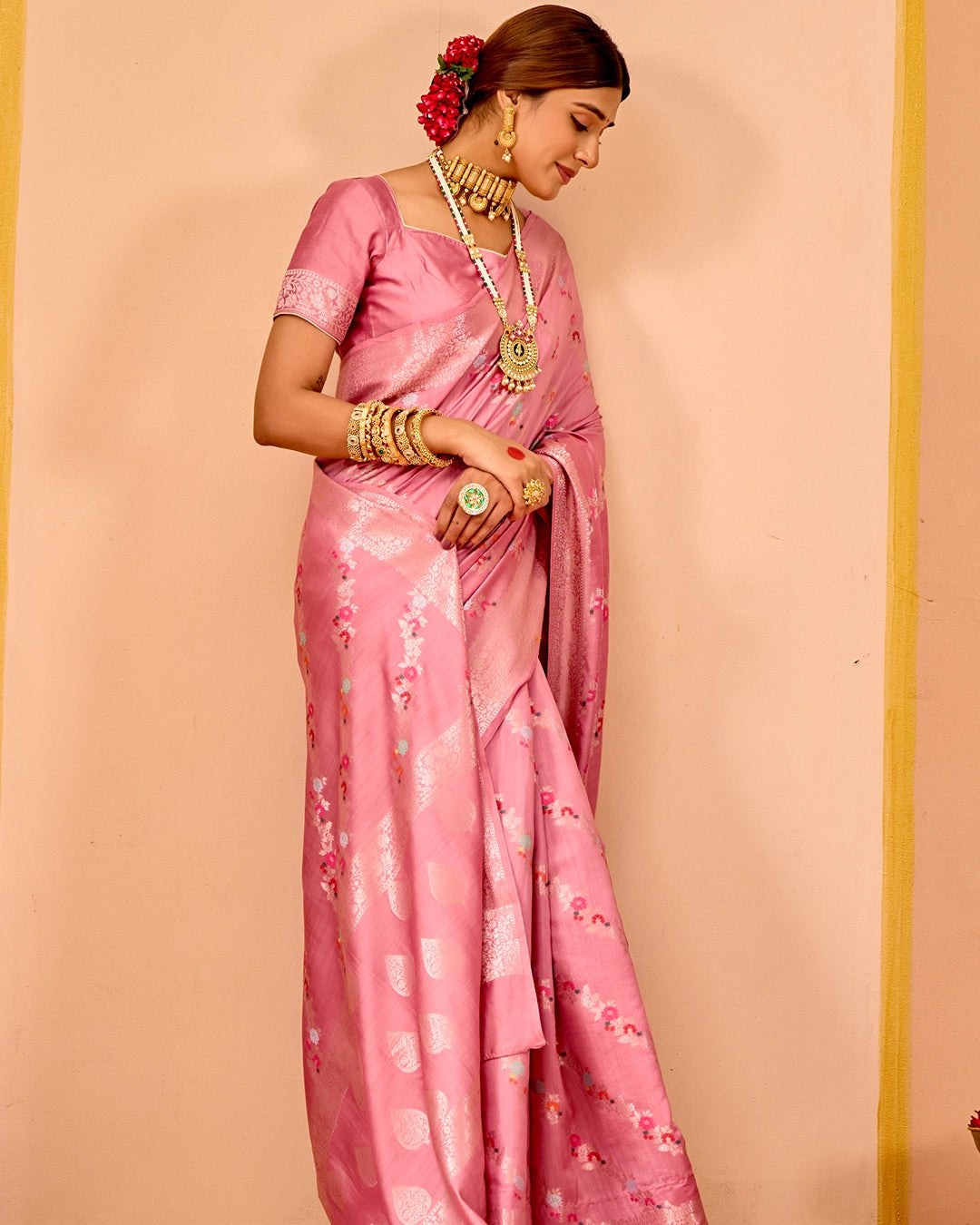 Pink Banarasi Saree with Stripe Floral Meenakari Weaves