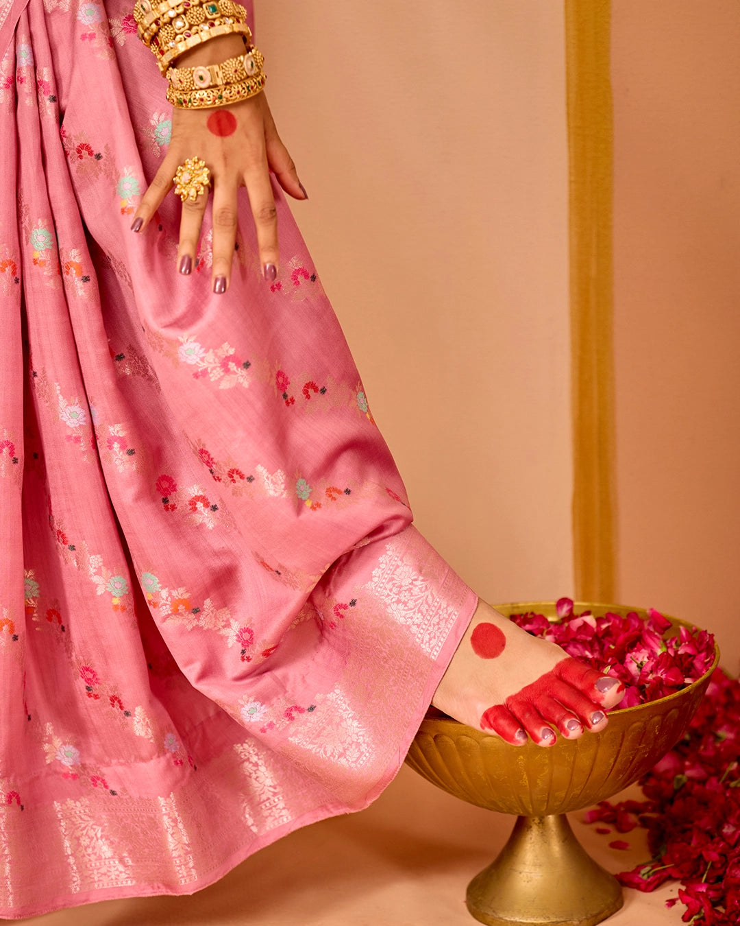 Pink Banarasi Saree with Stripe Floral Meenakari Weaves