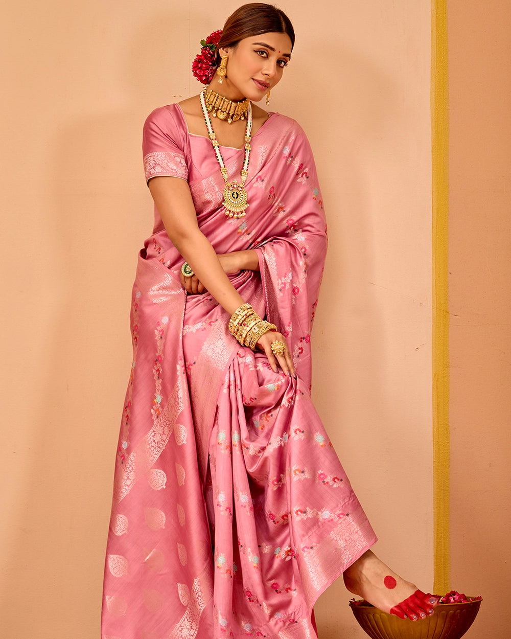 Pink Banarasi Saree with Stripe Floral Meenakari Weaves