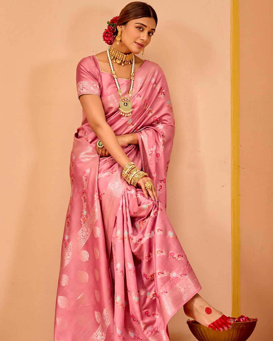 Pink Banarasi Saree with Stripe Floral Meenakari Weaves