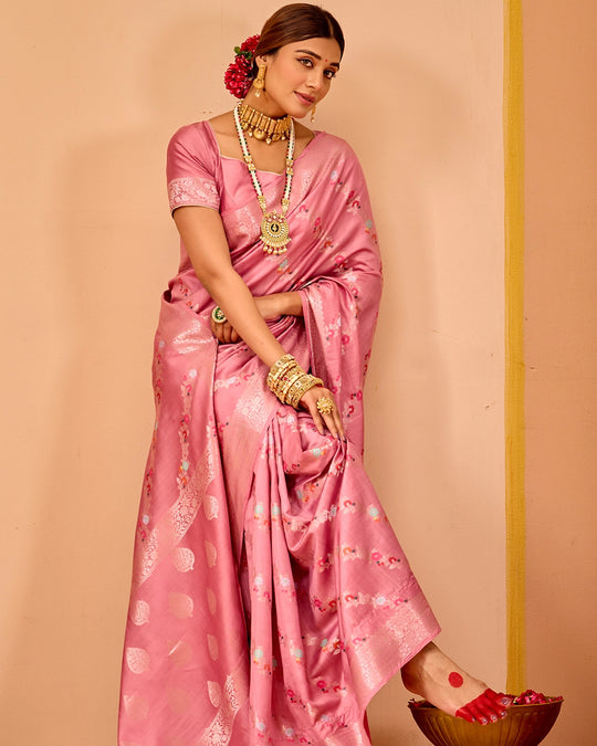 Pink Banarasi Saree with Stripe Floral Meenakari Weaves