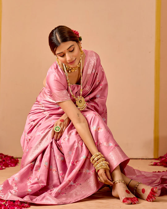 Pink Banarasi Saree with Stripe Floral Meenakari Weaves